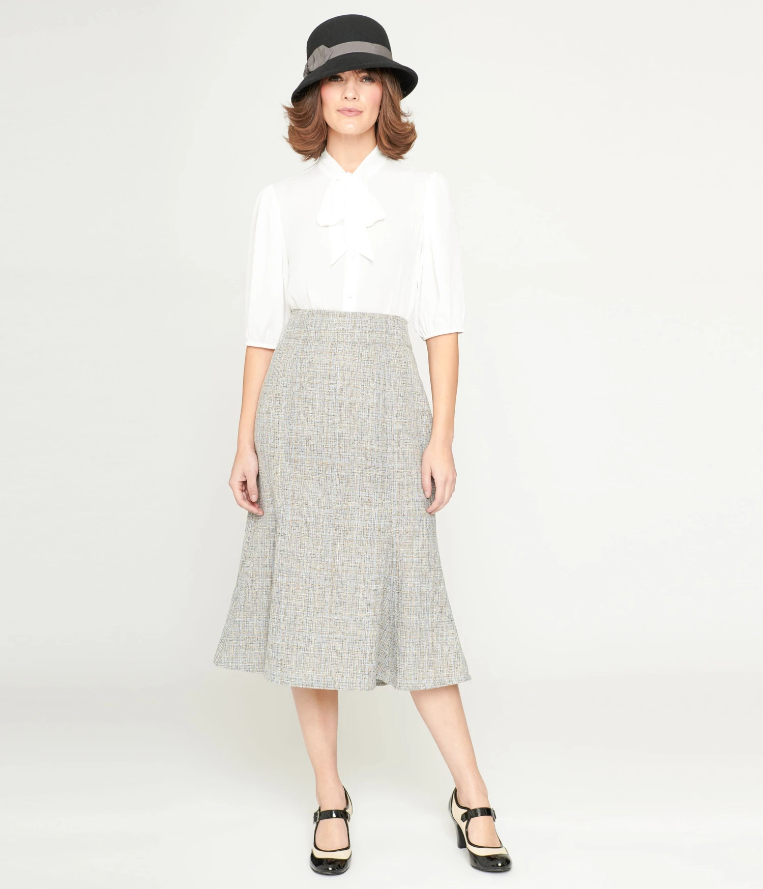 Unique Vintage Beige & Baby Blue Tweed Tina Trumpet Skirt