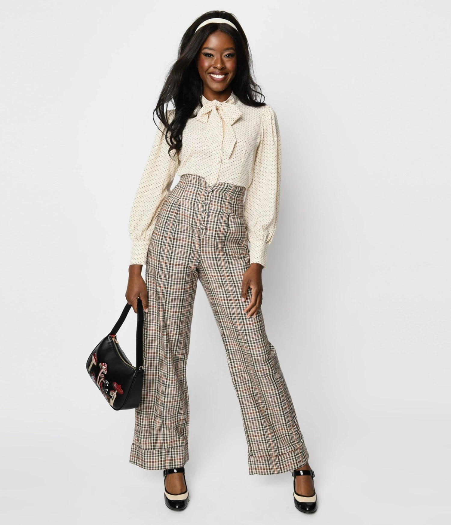 Unique Vintage Beige Plaid Buttoned Wide Leg Trousers