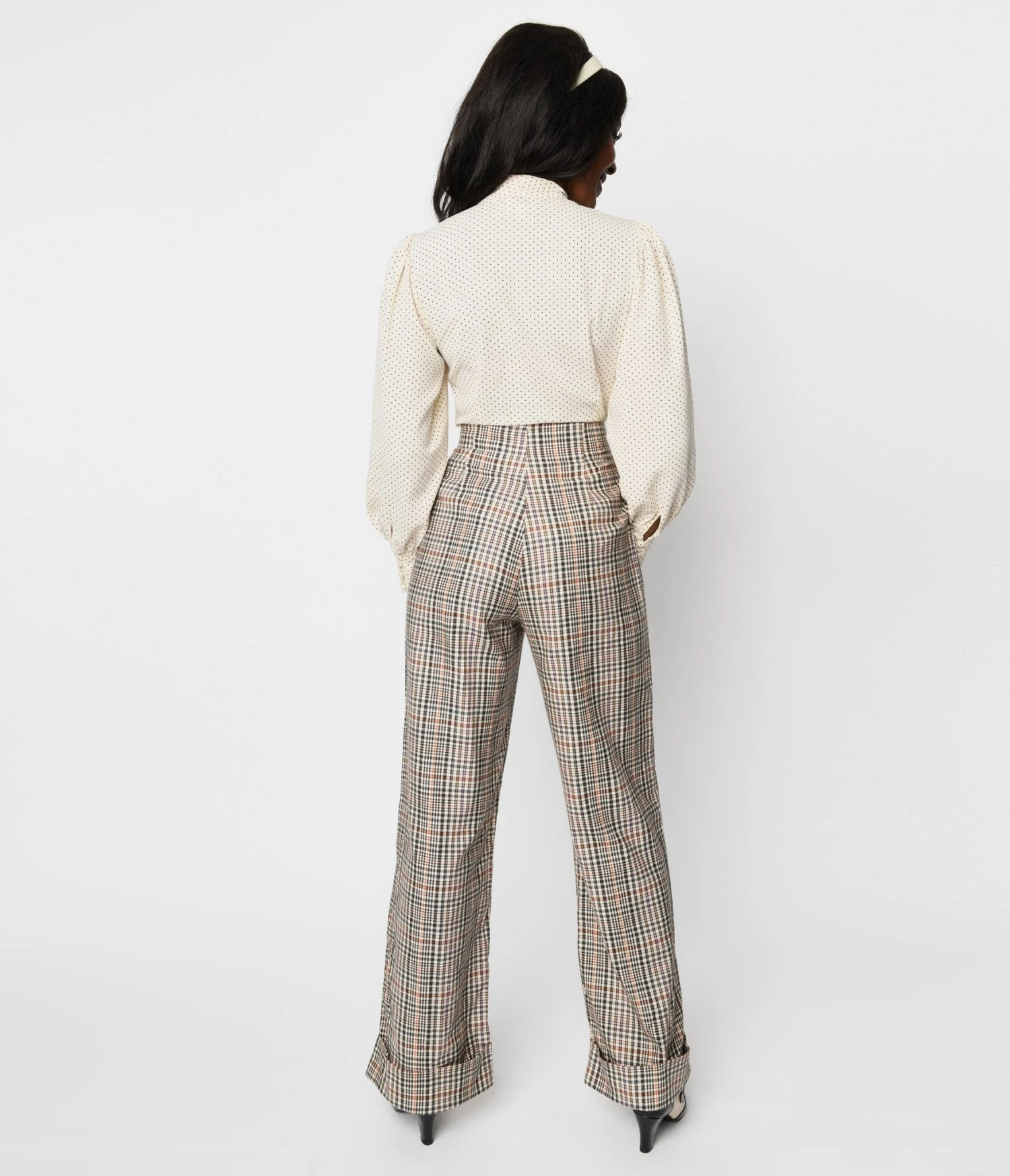 Unique Vintage Beige Plaid Buttoned Wide Leg Trousers - Image 3