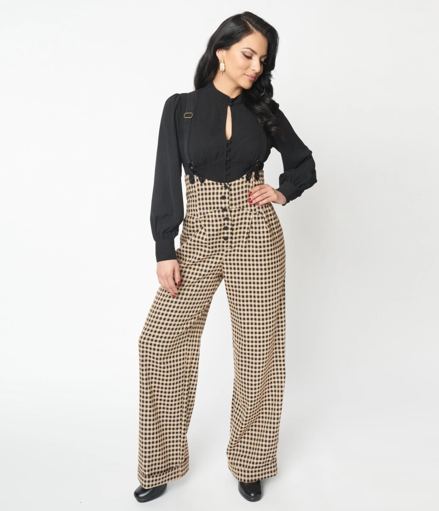 Unique Vintage Black & Beige Plaid Thelma Suspender Pants - Image 4
