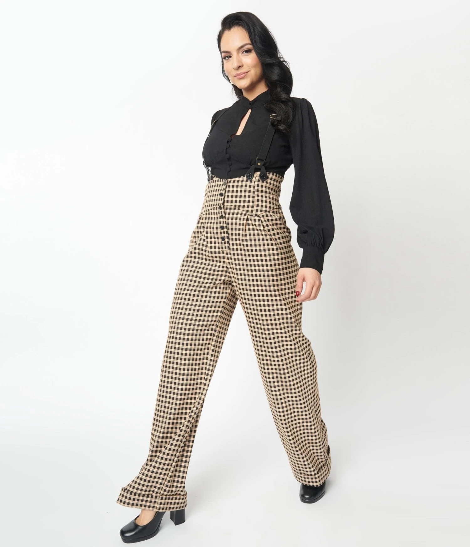 Unique Vintage Black & Beige Plaid Thelma Suspender Pants - Image 5