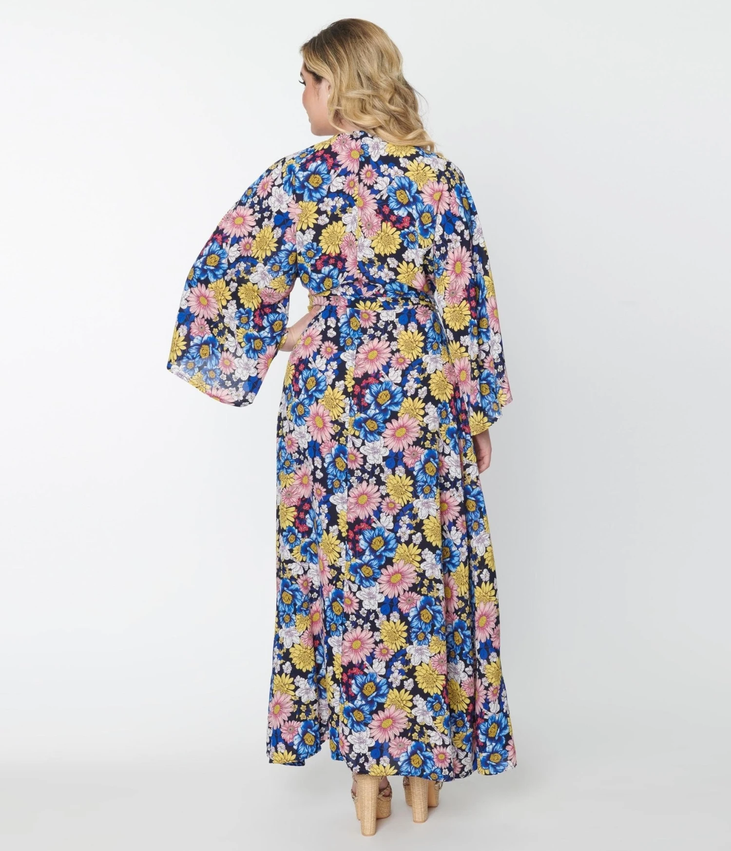 Unique Vintage Black & Blue Floral Wrap Maxi Dress - Image 3