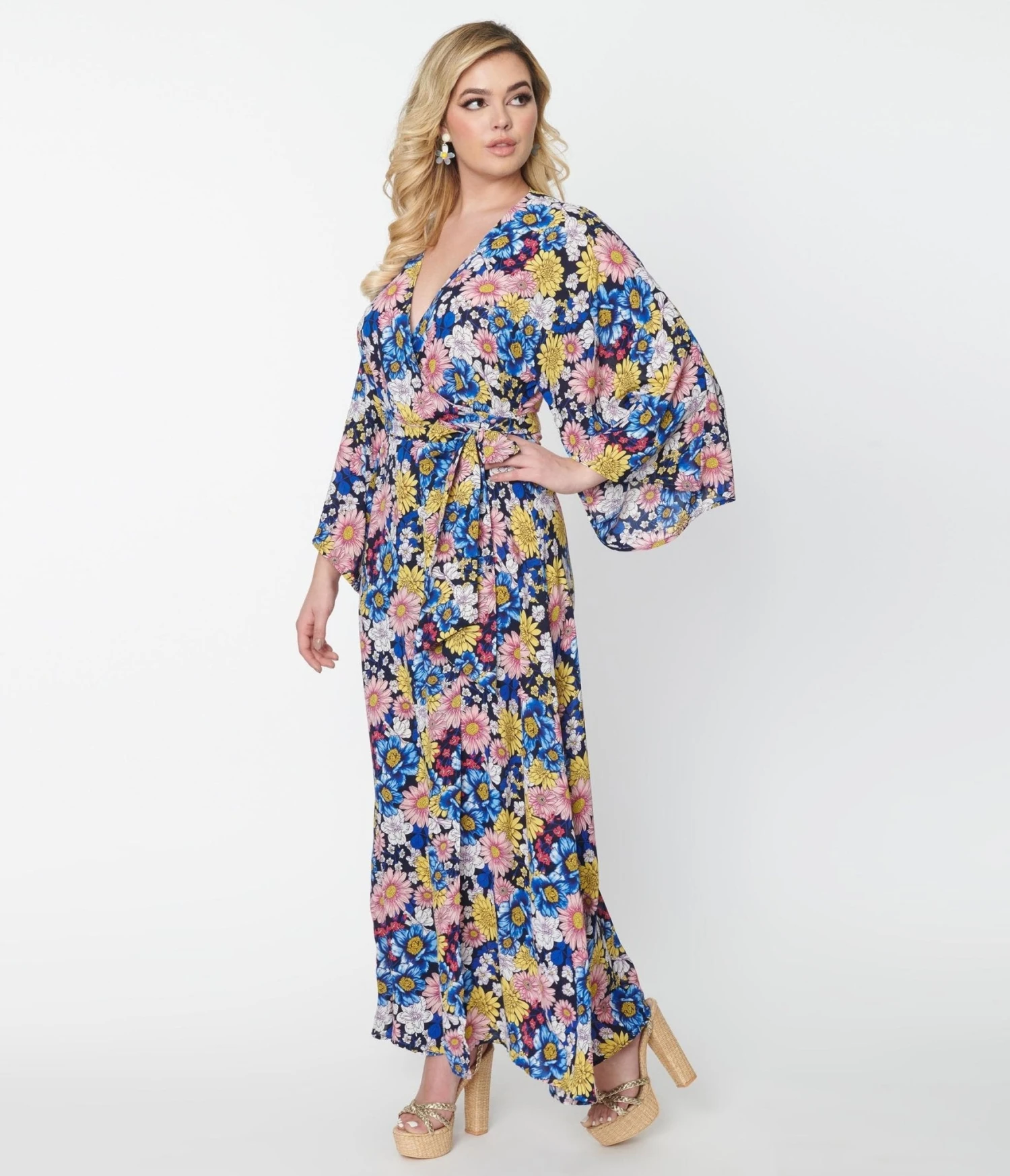 Unique Vintage Black & Blue Floral Wrap Maxi Dress