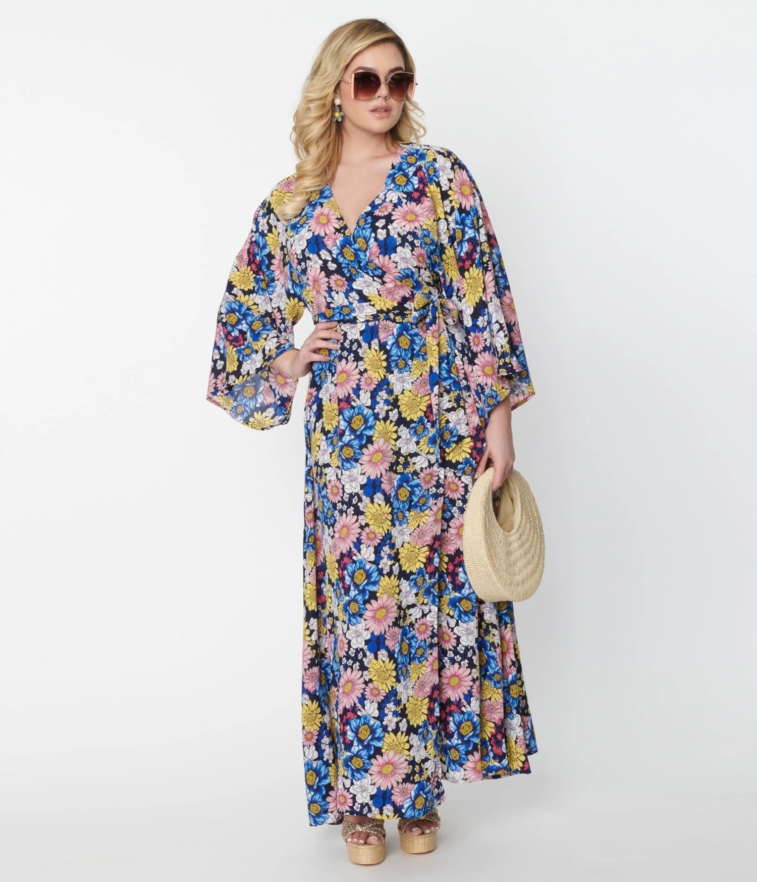 Unique Vintage Black & Blue Floral Wrap Maxi Dress - Image 4