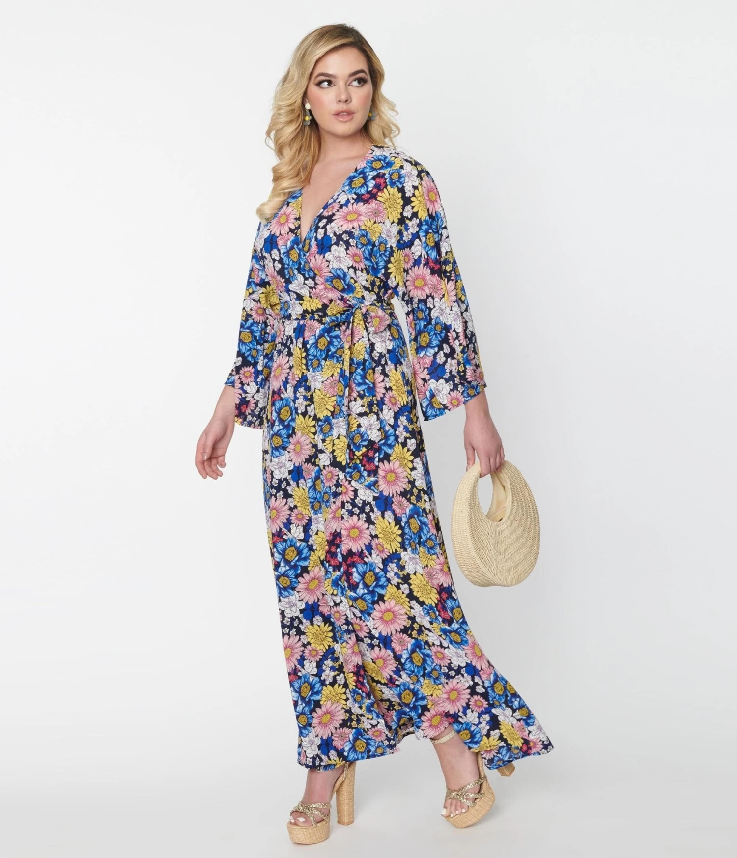 Unique Vintage Black & Blue Floral Wrap Maxi Dress - Image 5