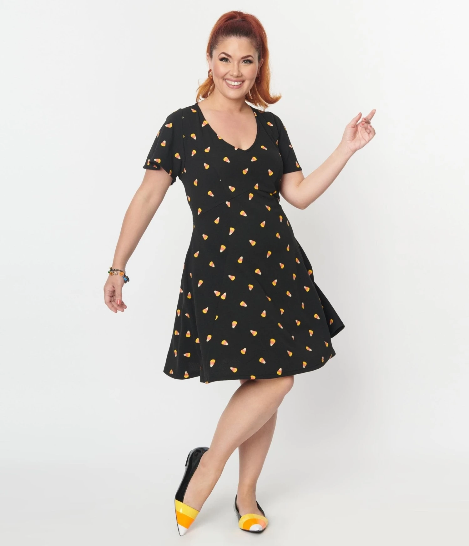 Unique Vintage Black Candy Corn Print Poppy Flare Dress - Image 4