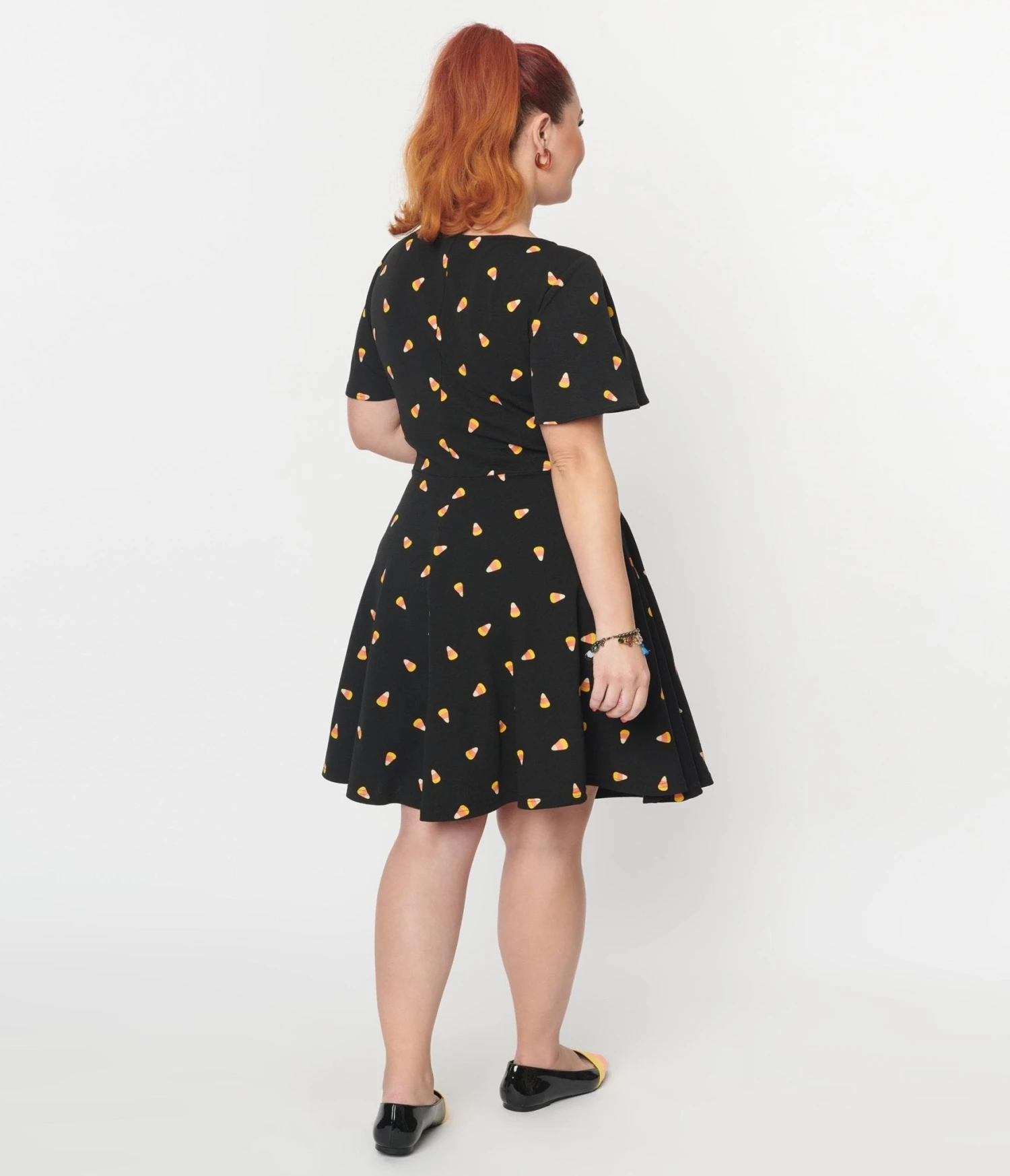 Unique Vintage Black Candy Corn Print Poppy Flare Dress - Image 3