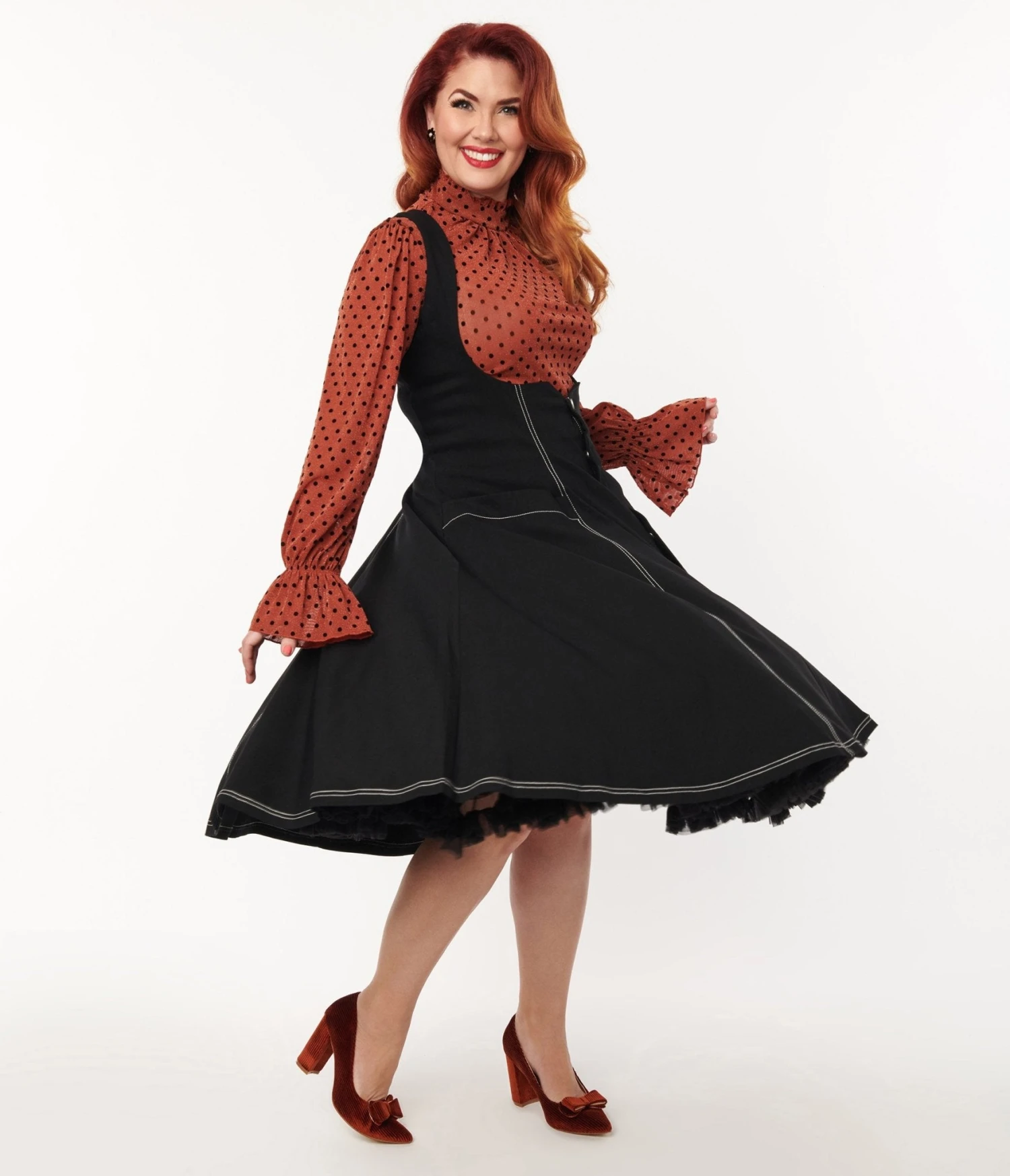 Unique Vintage Black Denim Button Suspender Swing Skirt - Image 3