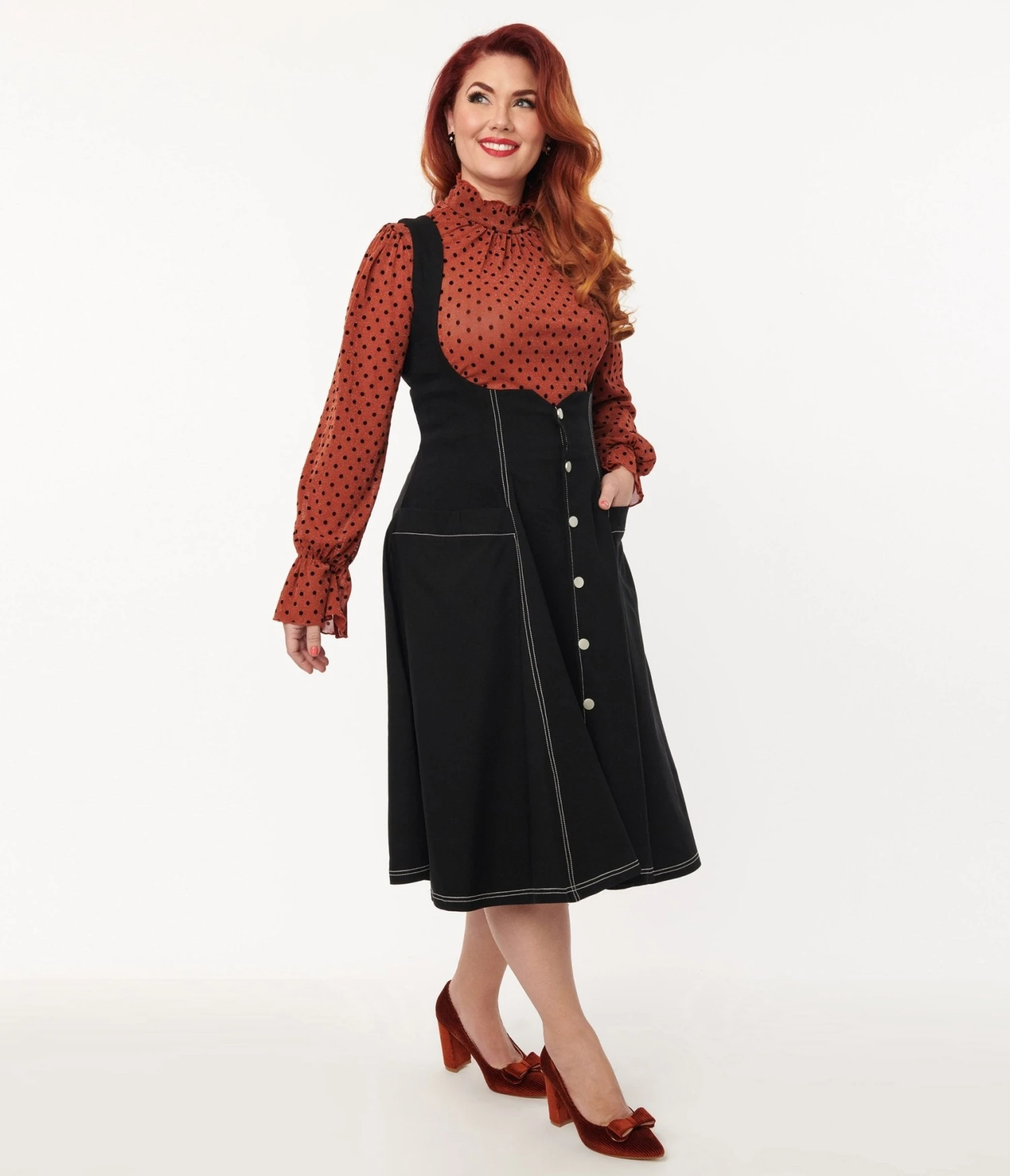 Unique Vintage Black Denim Button Suspender Swing Skirt - Image 4