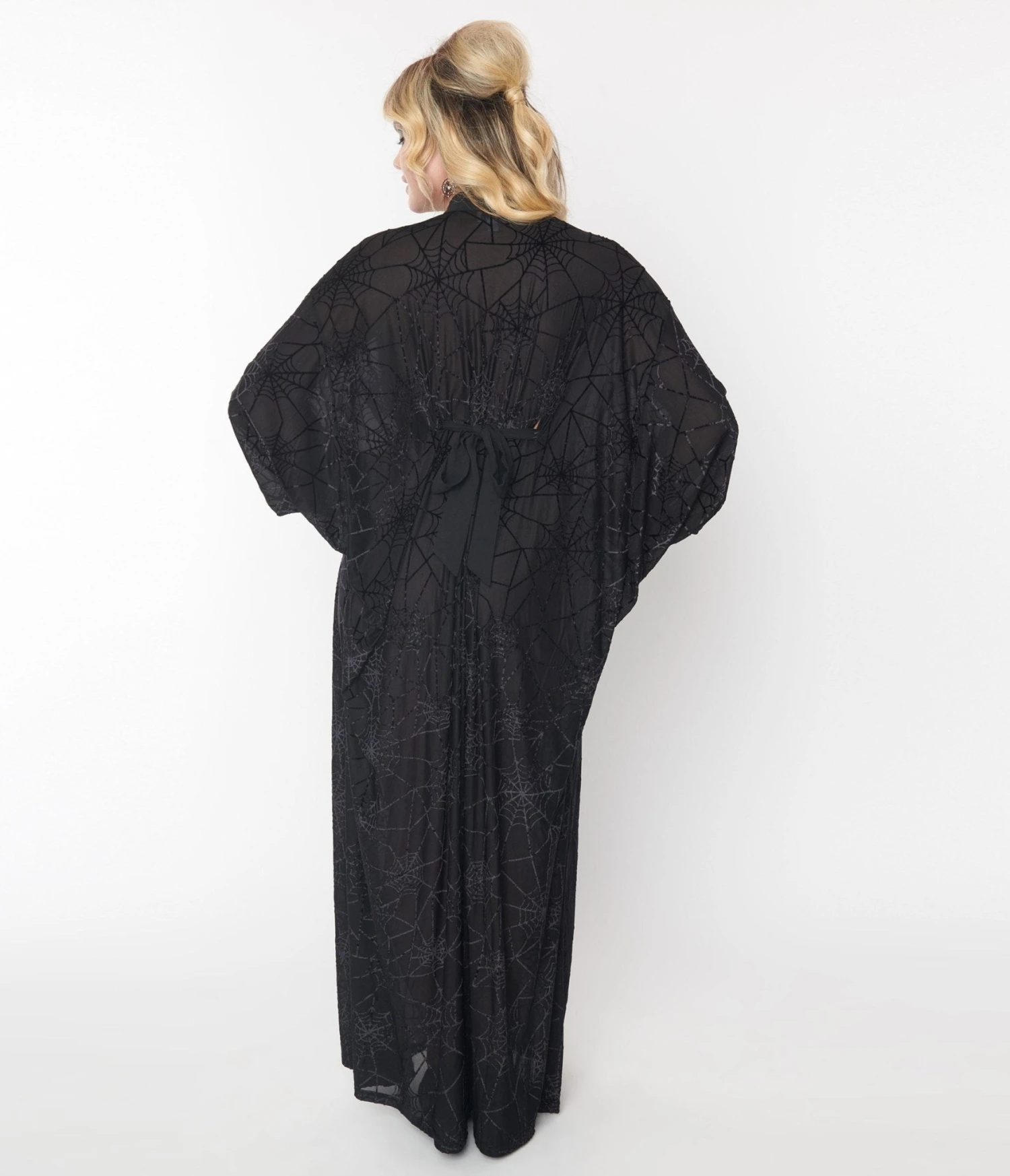 Unique Vintage Black Flocked Spiderweb Keyhole Caftan - Image 3