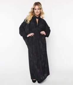 Unique Vintage Black Flocked Spiderweb Keyhole Caftan