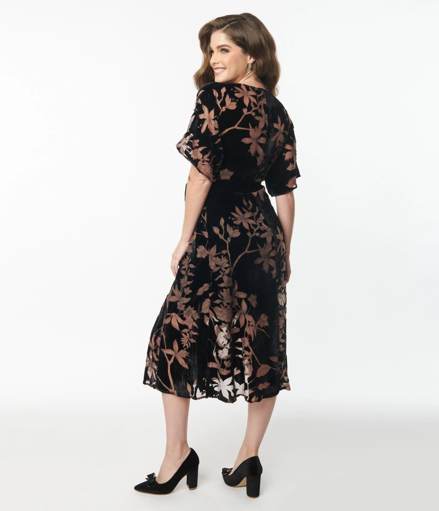 Unique Vintage Black Floral Velvet Wrap Midi Dress - Image 3