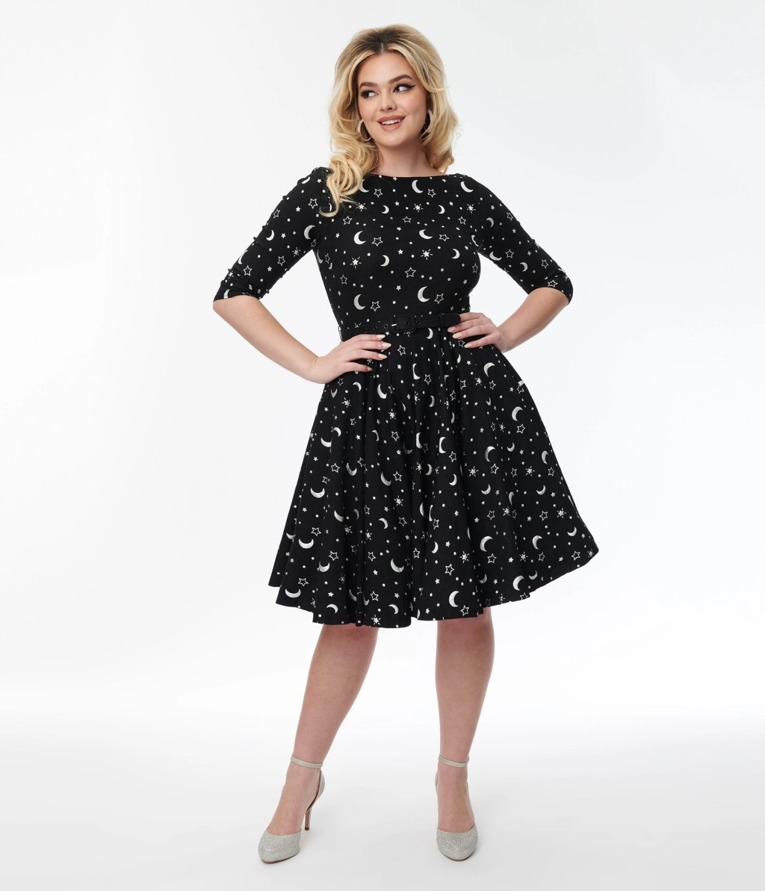 Unique Vintage Black & Foil Moons & Stars Devon Swing Dress