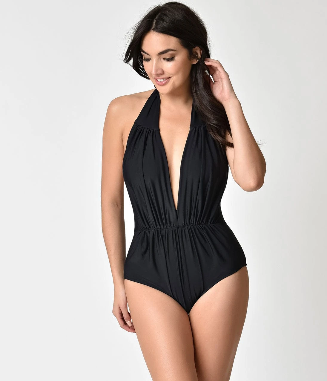 Unique Vintage Black Halter Shirred Derek One Piece Swimsuit - Image 4
