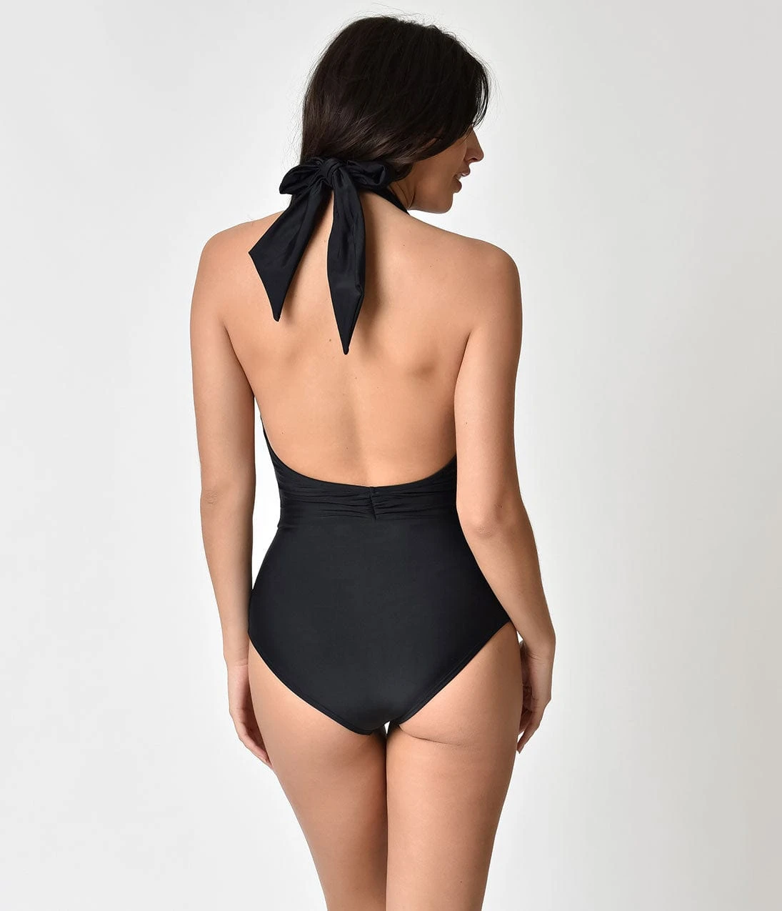 Unique Vintage Black Halter Shirred Derek One Piece Swimsuit - Image 2