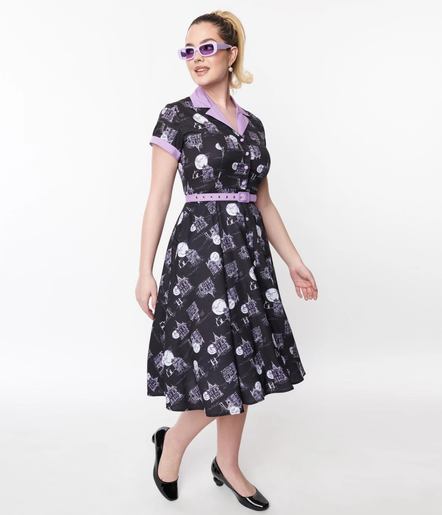 Unique Vintage Black Haunted House Swing Shirt Dress - Image 5