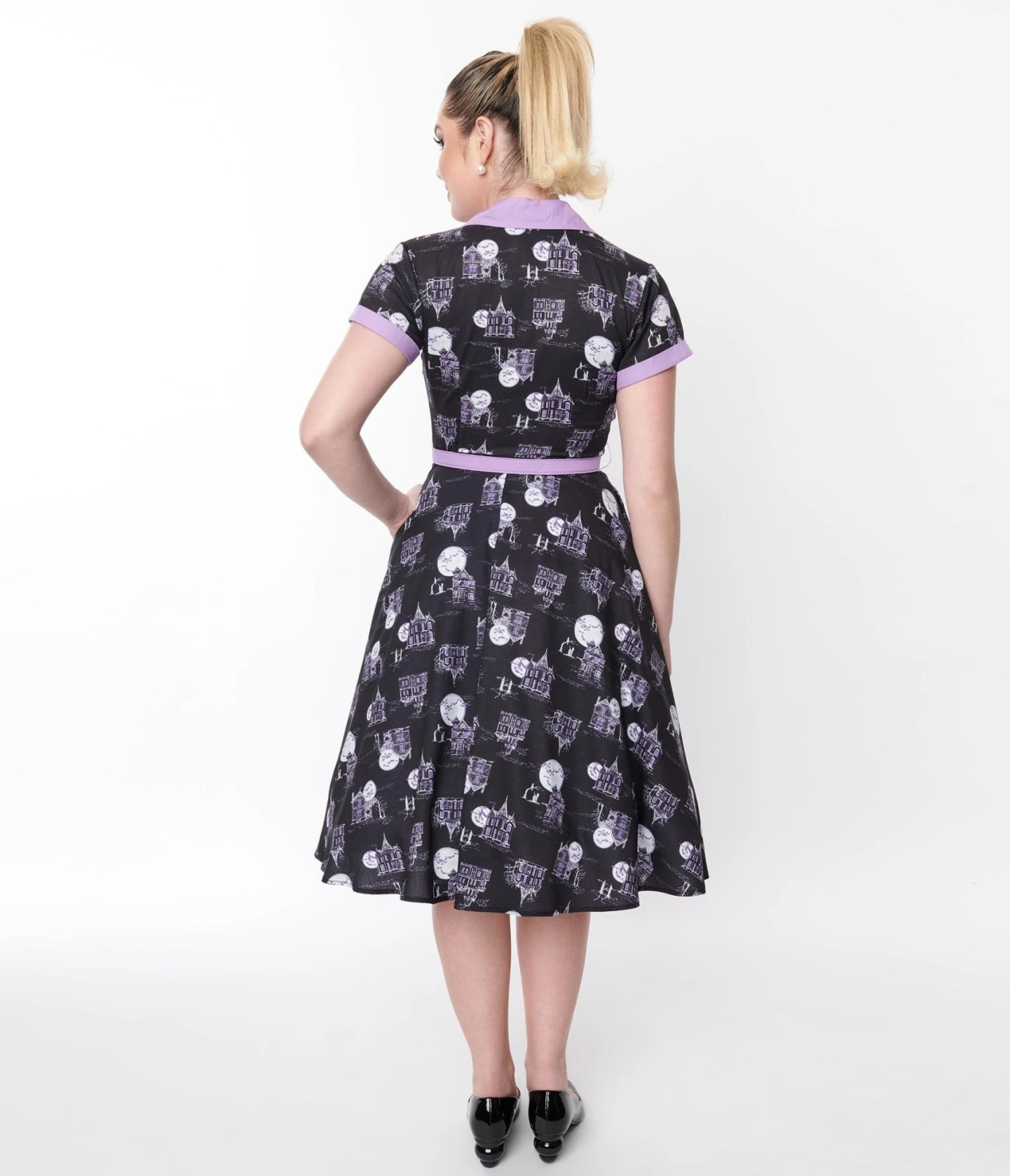 Unique Vintage Black Haunted House Swing Shirt Dress - Image 3