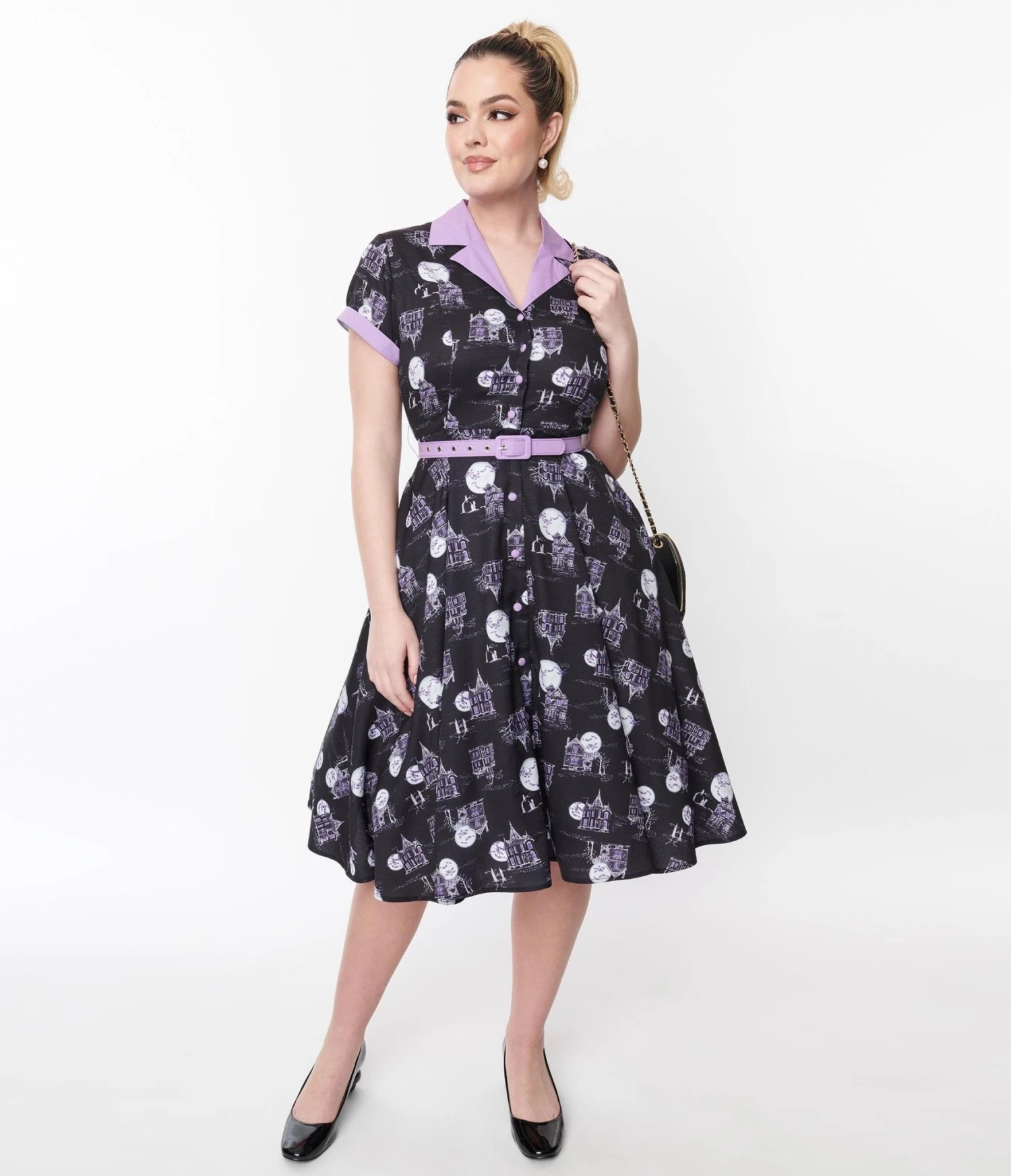 Unique Vintage Black Haunted House Swing Shirt Dress - Image 4