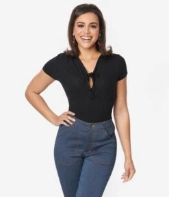 Unique Vintage Black Keyhole Pointelle Knit Top