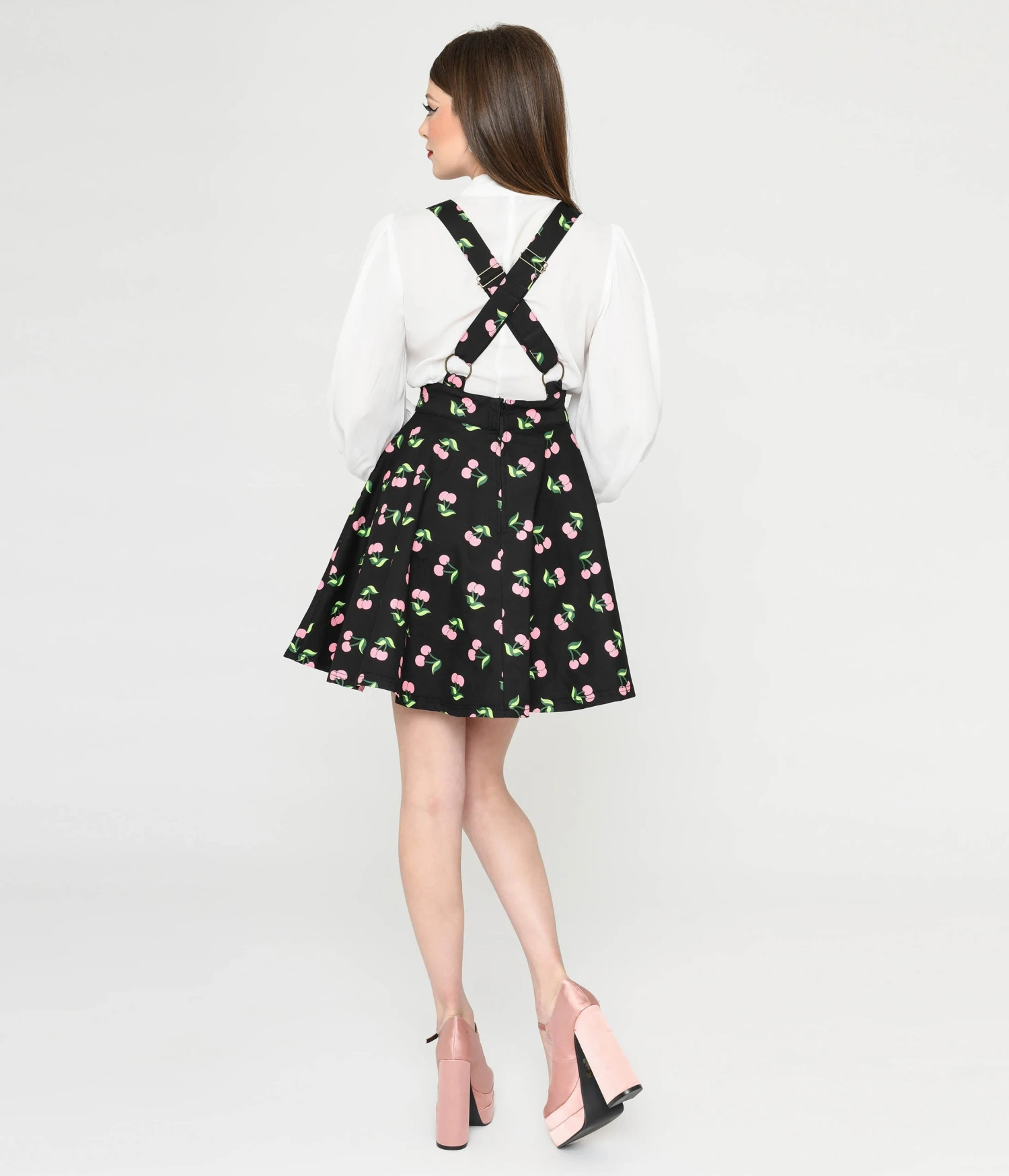 Unique Vintage Black & Pink Cherries Brionne Pinafore Skirt - Image 3
