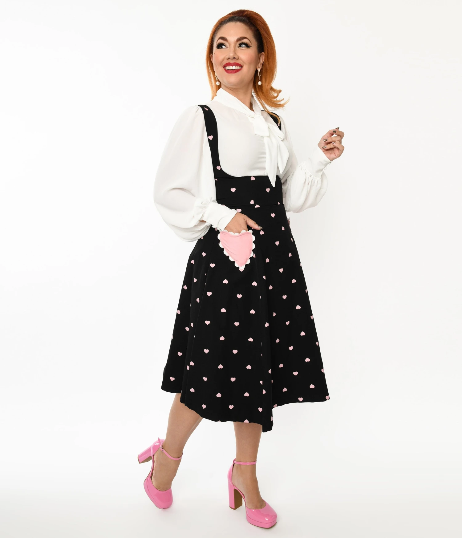 Unique Vintage Black & Pink Heart Amma Suspender Swing Skirt - Image 2