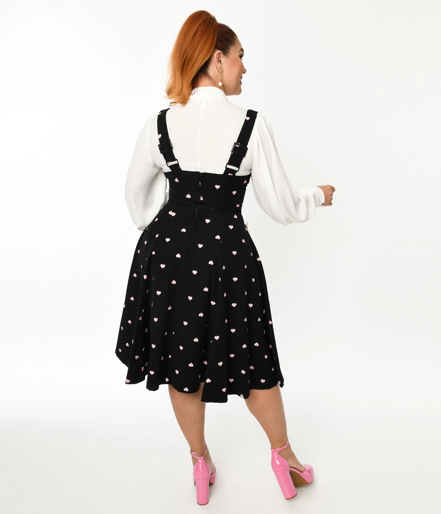 Unique Vintage Black & Pink Heart Amma Suspender Swing Skirt - Image 3