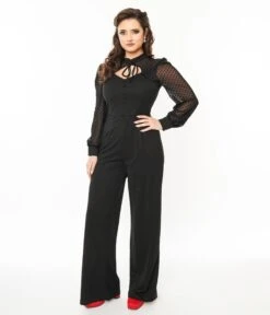 Unique Vintage Black & Polka Dot Long Sleeve Jumpsuit