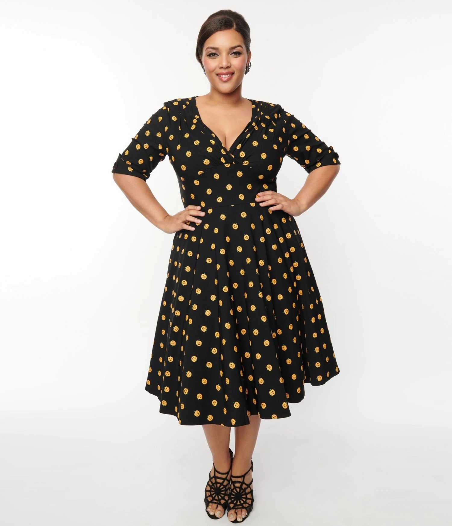 Unique Vintage Black & Pumpkin Delores Swing Dress - Image 5