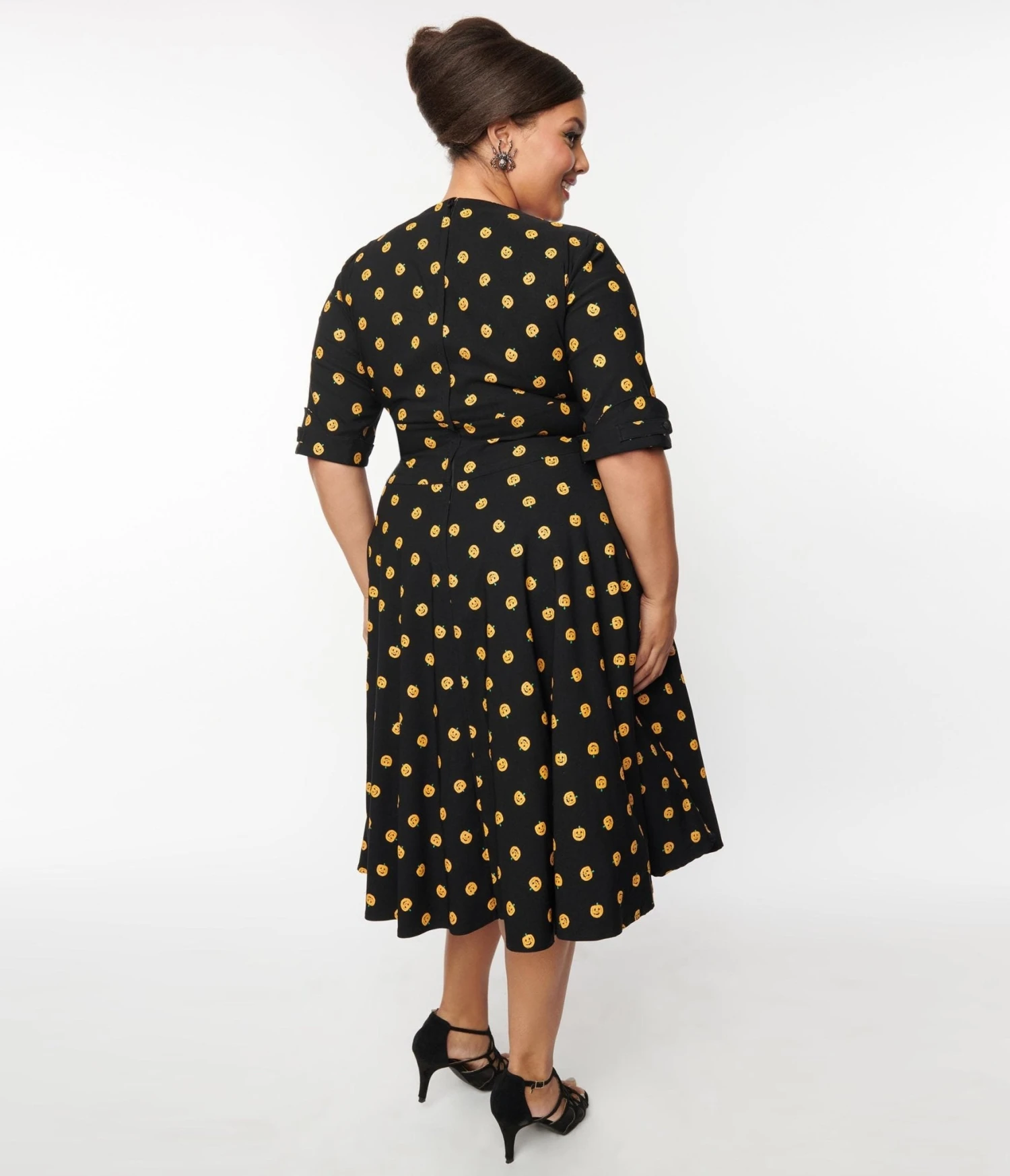 Unique Vintage Black & Pumpkin Delores Swing Dress - Image 3
