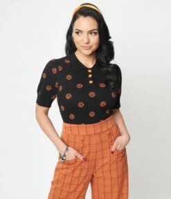 Unique Vintage Black Pumpkin Dot Prim & Pretty Sweater