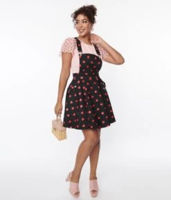 Unique Vintage Black & Red Hearts Brionne Pinafore Skirt