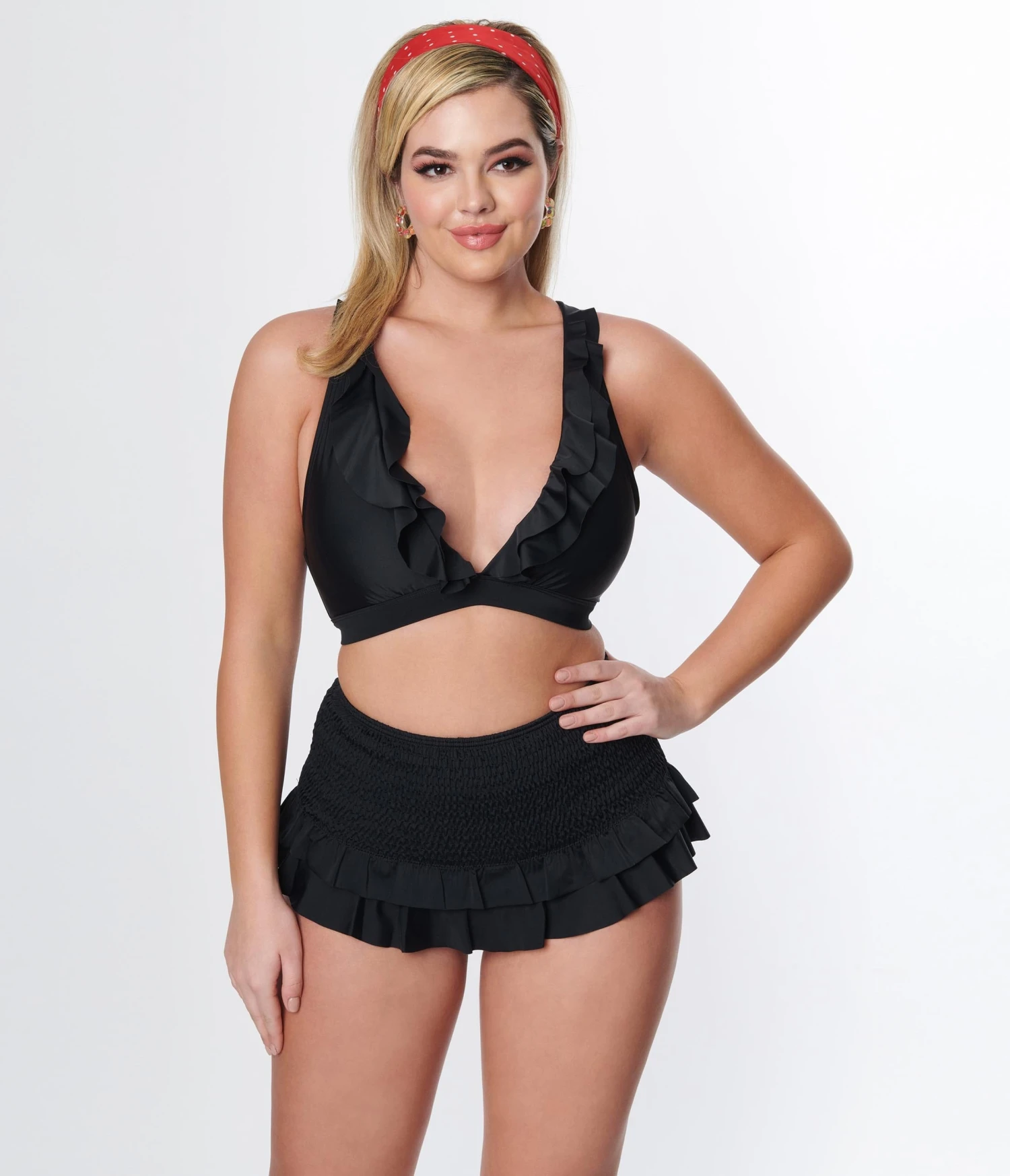 Unique Vintage Black Ruffle Halter Swim Top - Image 4
