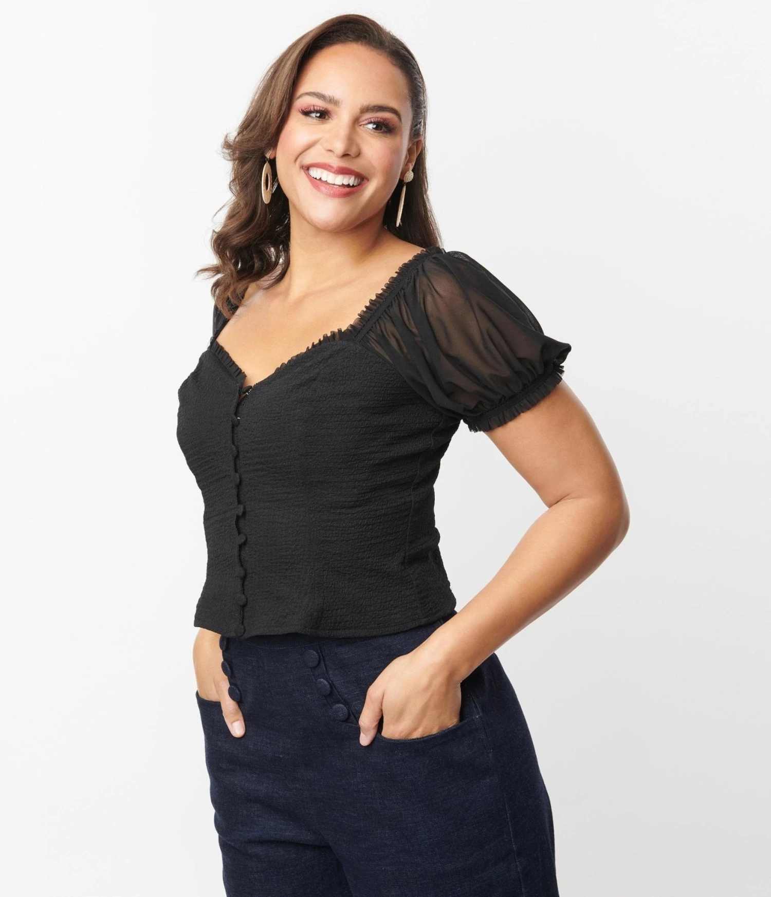 Unique Vintage Black Textured Sweetheart Puff Sleeve Top - Image 3