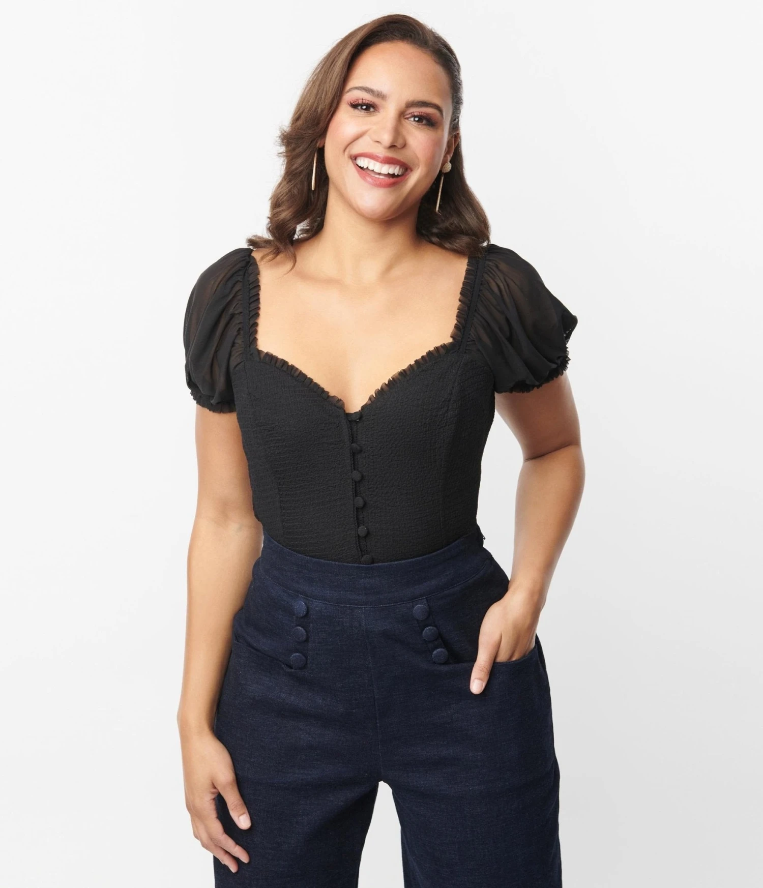Unique Vintage Black Textured Sweetheart Puff Sleeve Top - Image 5