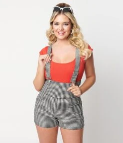 Unique Vintage Black & White Gingham Pinafore Shorts