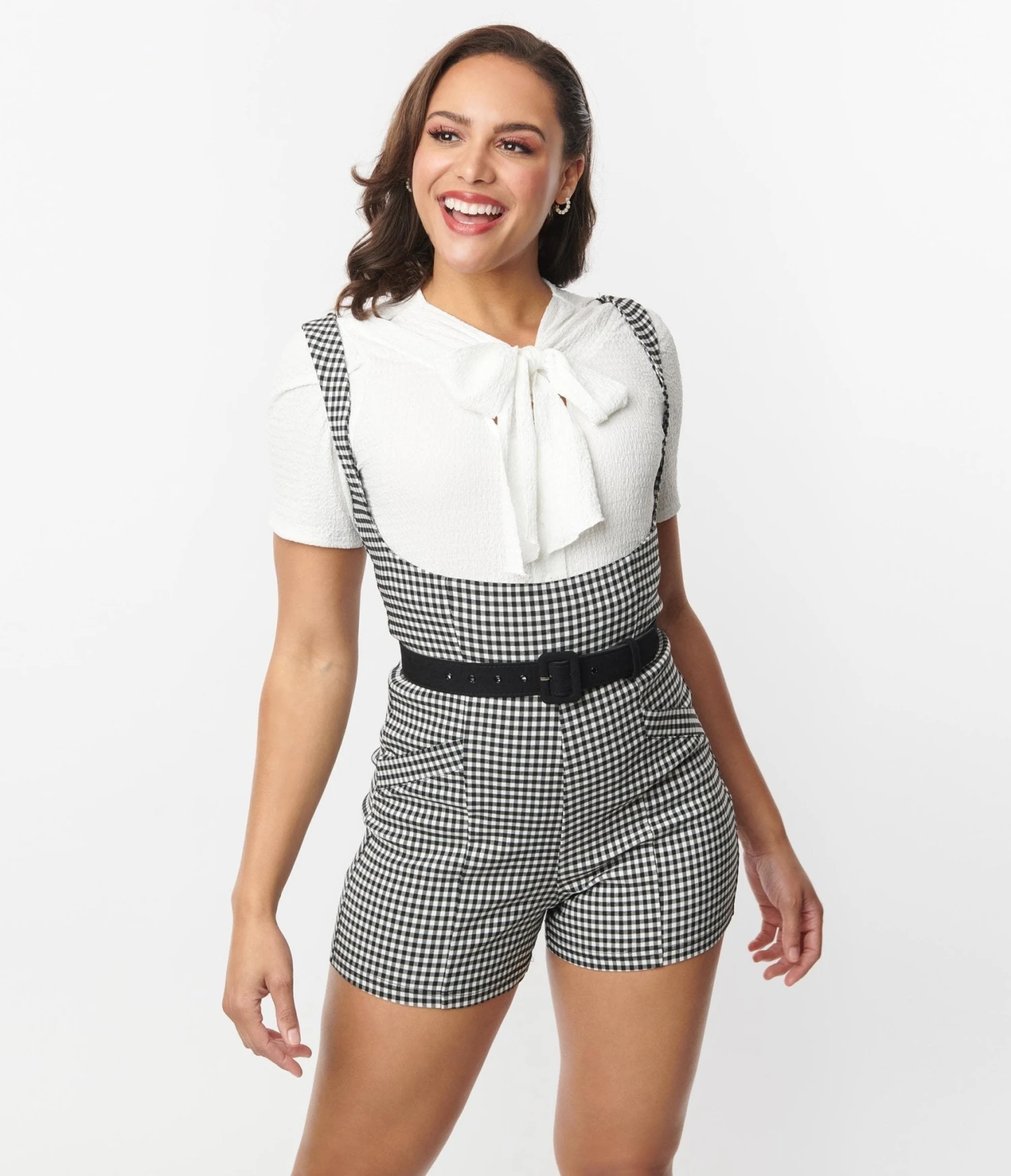 Unique Vintage Black & White Gingham Suspender Shorts - Image 3