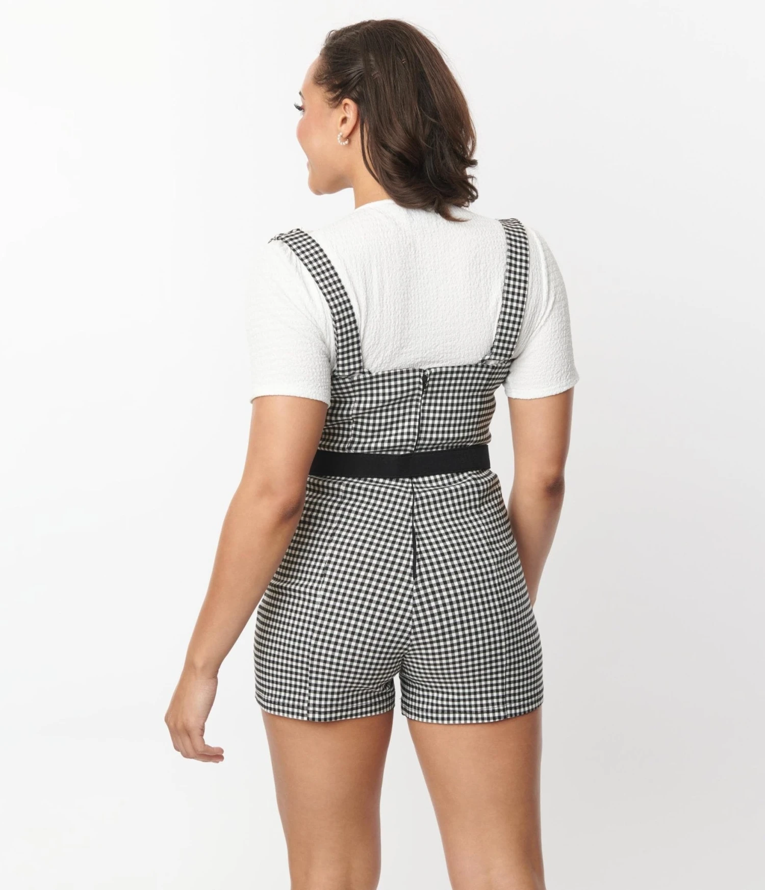 Unique Vintage Black & White Gingham Suspender Shorts - Image 2