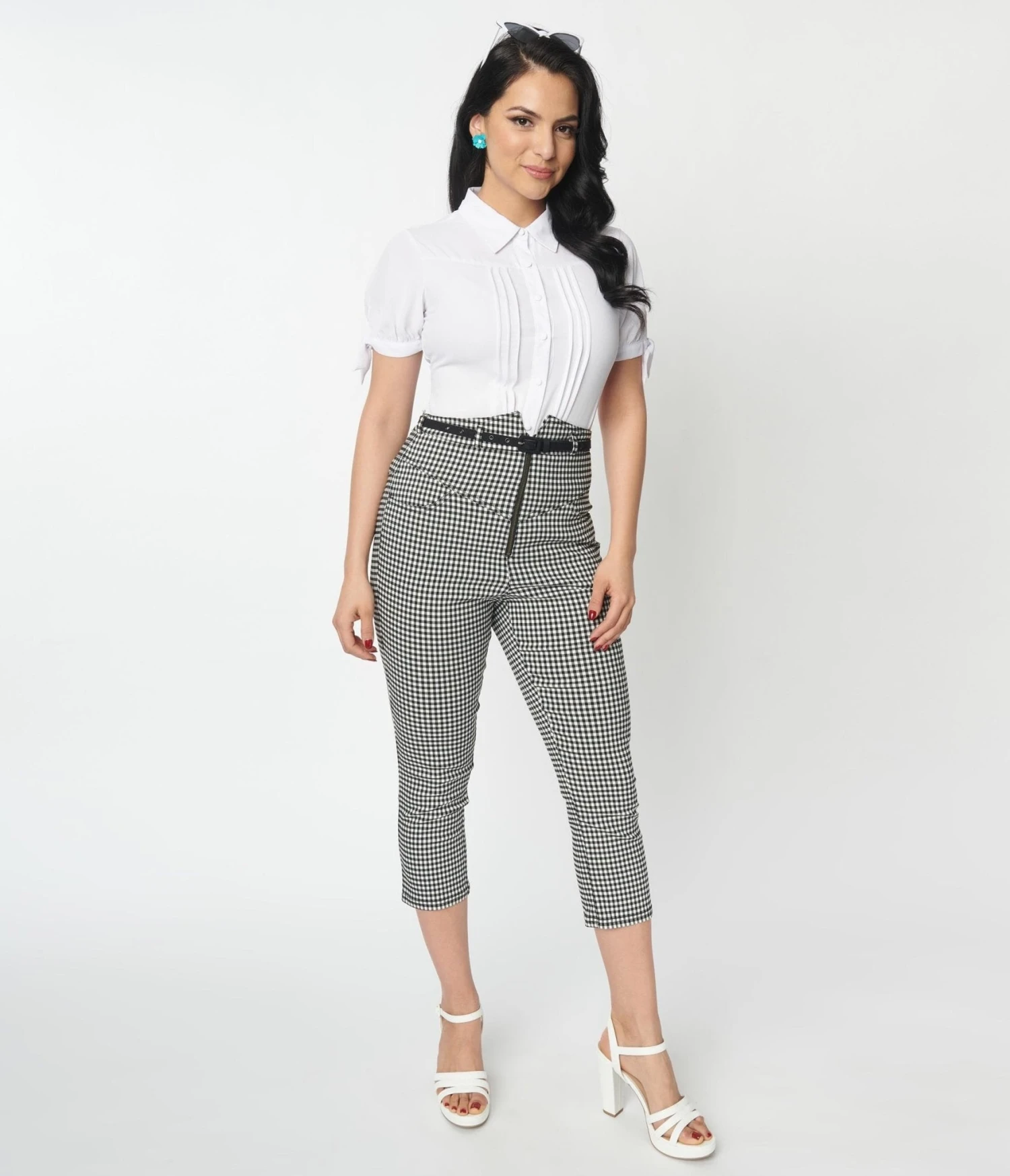 Unique Vintage Black & White Gingham Yoke Waist Capris - Image 5
