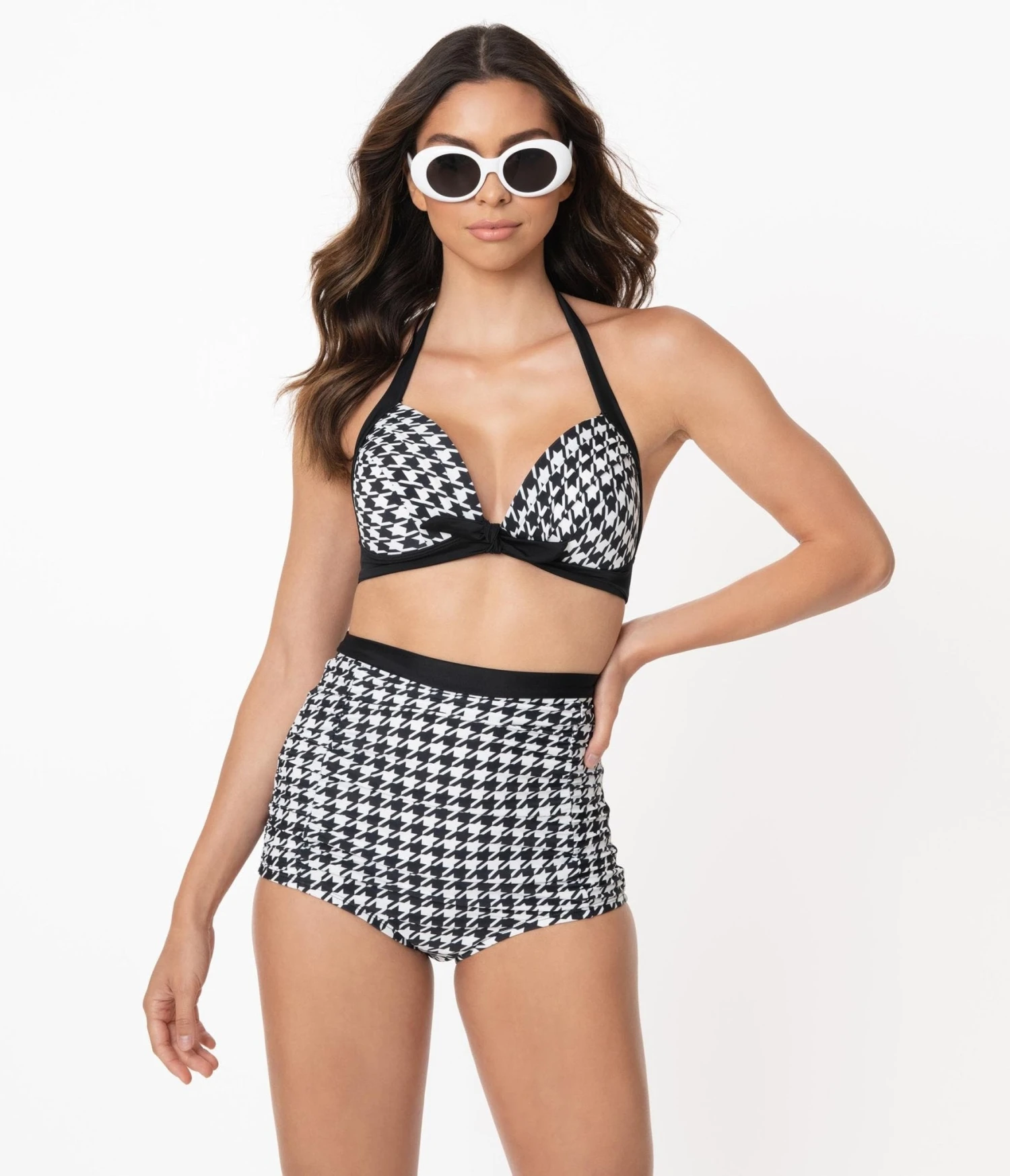 Unique Vintage Black & White Houndstooth Monroe High Waist Swim Bottom