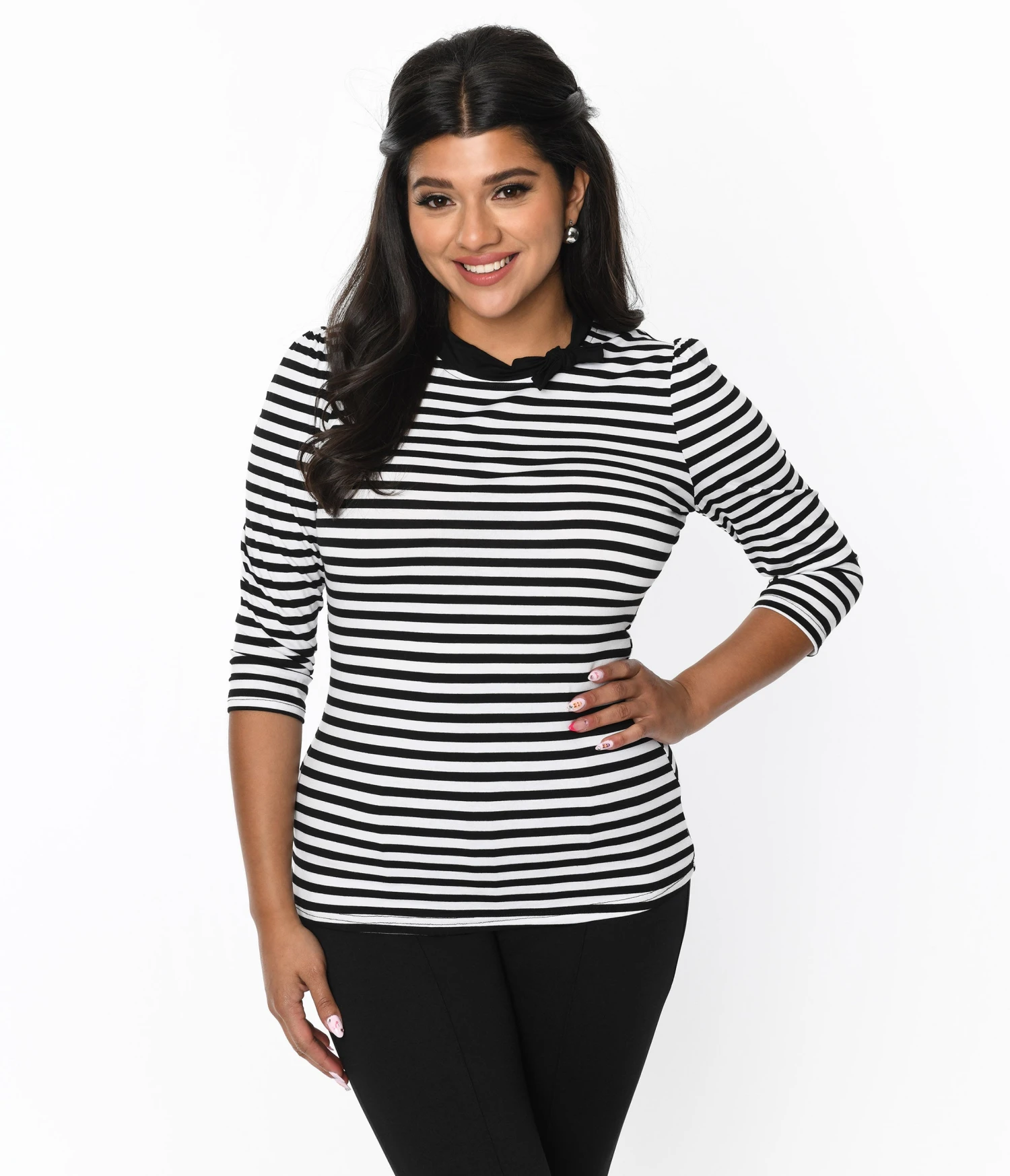 Unique Vintage Black & White Stripe Three Quarter Sleeve Sweetie Knit Top - Image 3