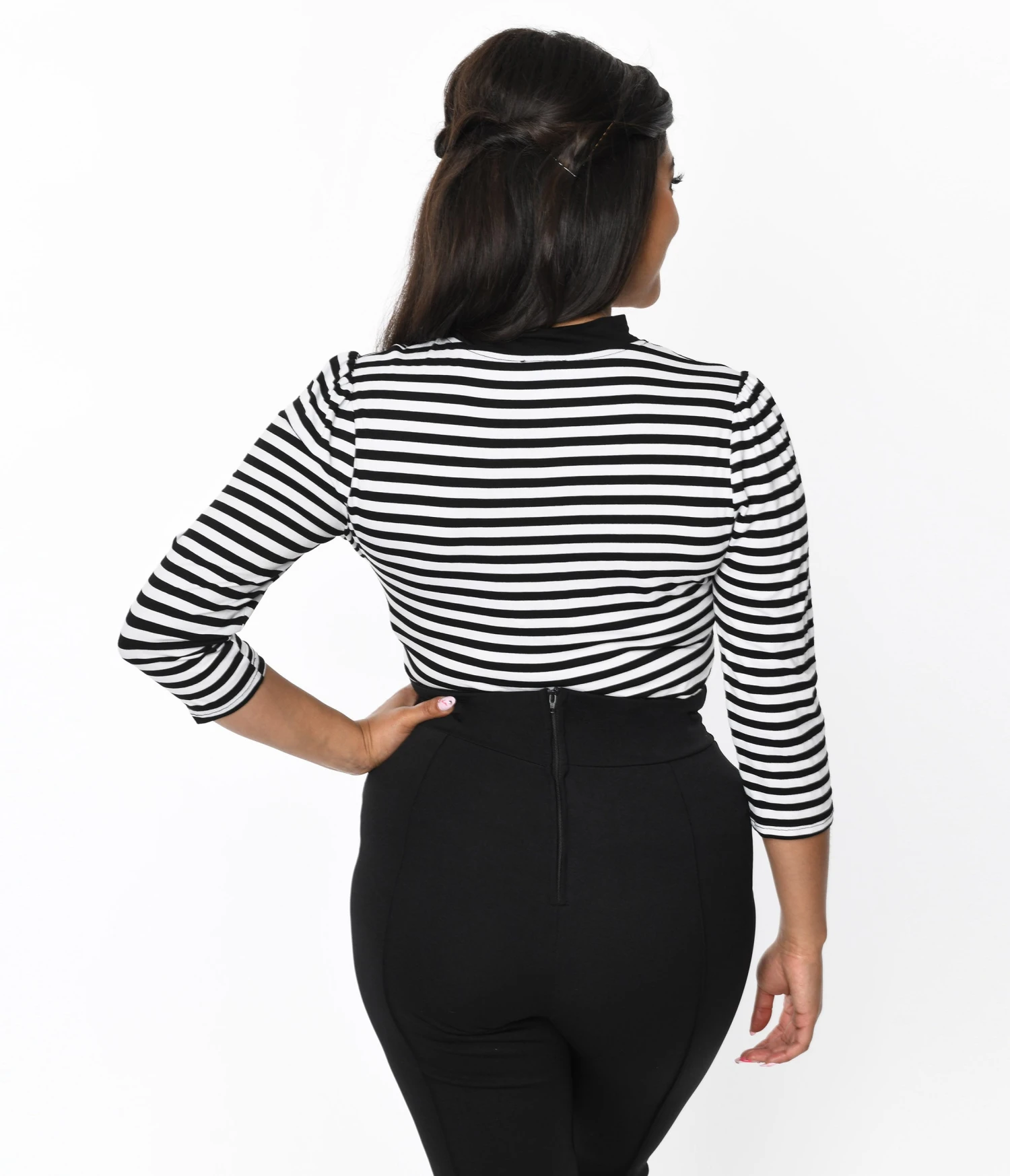 Unique Vintage Black & White Stripe Three Quarter Sleeve Sweetie Knit Top - Image 2