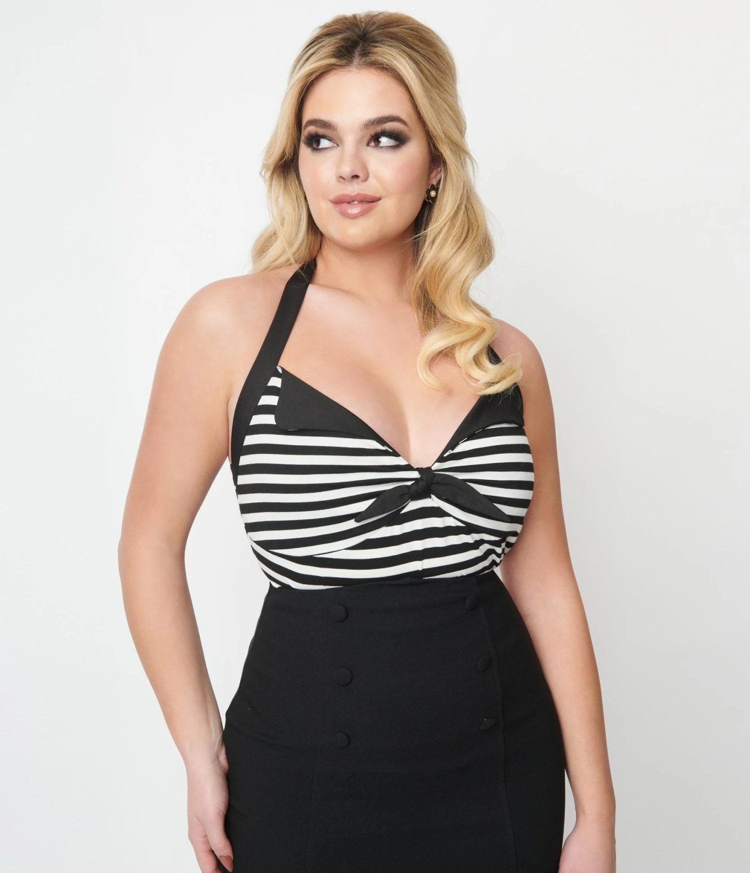 Unique Vintage Black & White Striped Halter Top - Image 4
