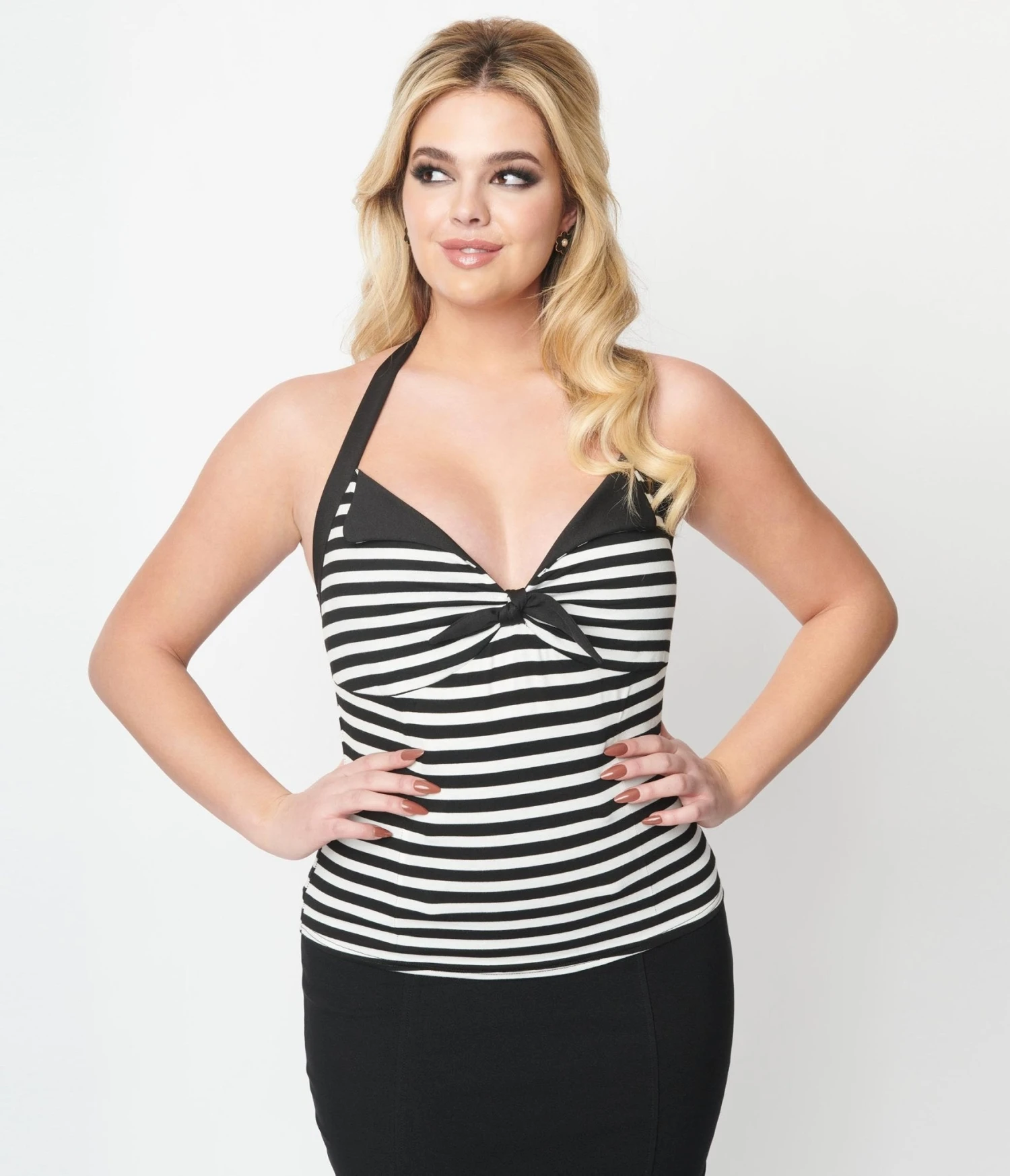 Unique Vintage Black & White Striped Halter Top - Image 5