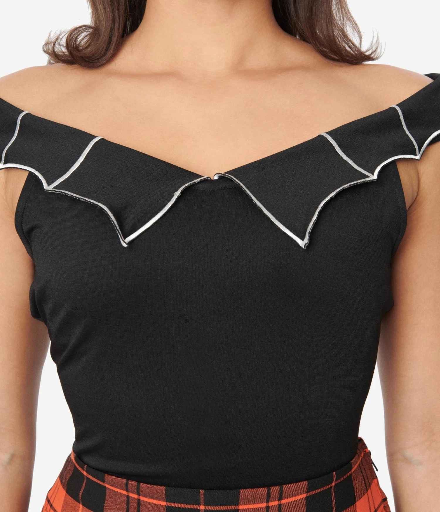 Unique Vintage Black & White Web Off The Shoulder Top - Image 2