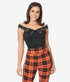 Unique Vintage Black & White Web Off The Shoulder Top