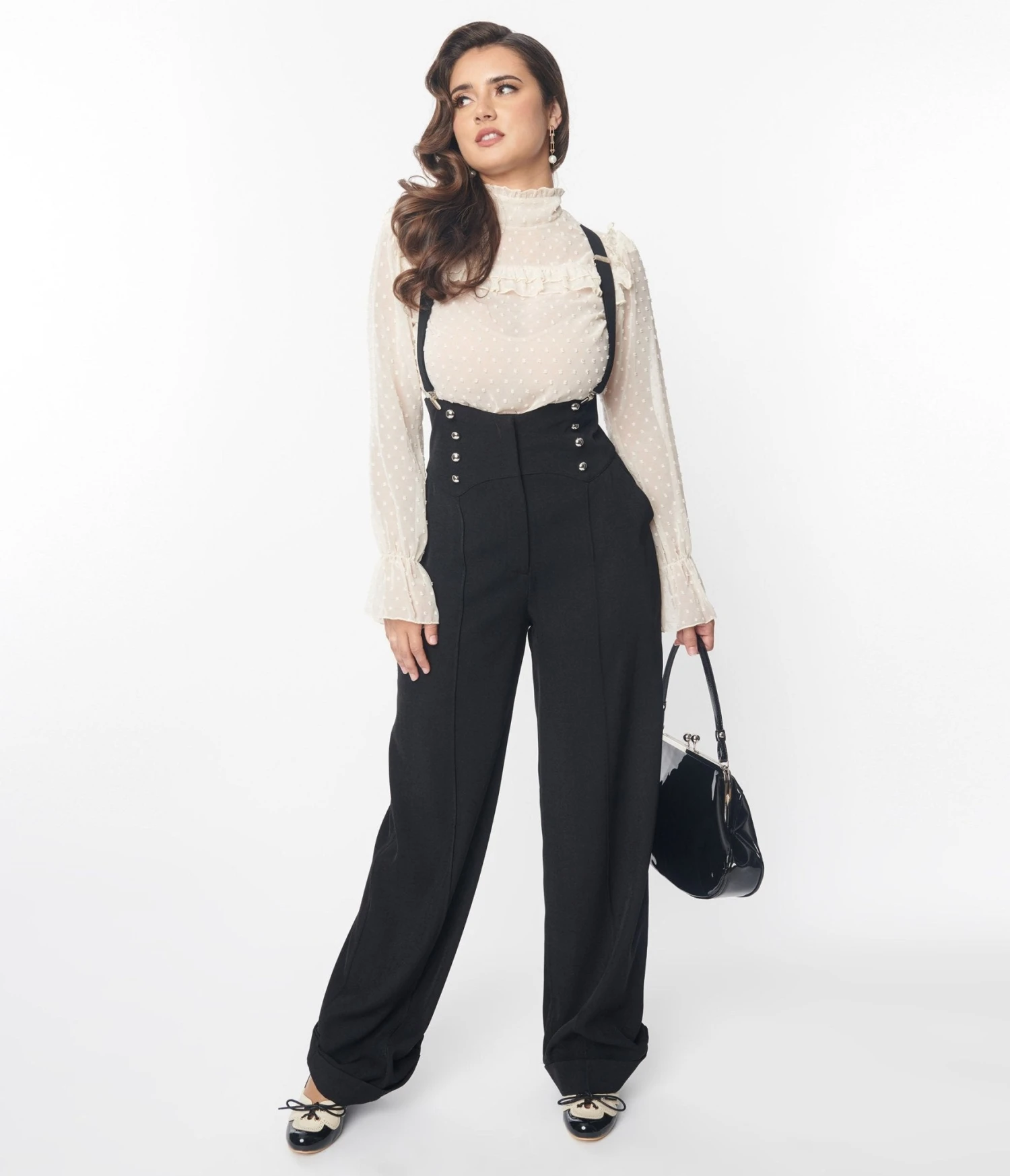 Unique Vintage Black Wide Leg Suspender Pants - Image 3