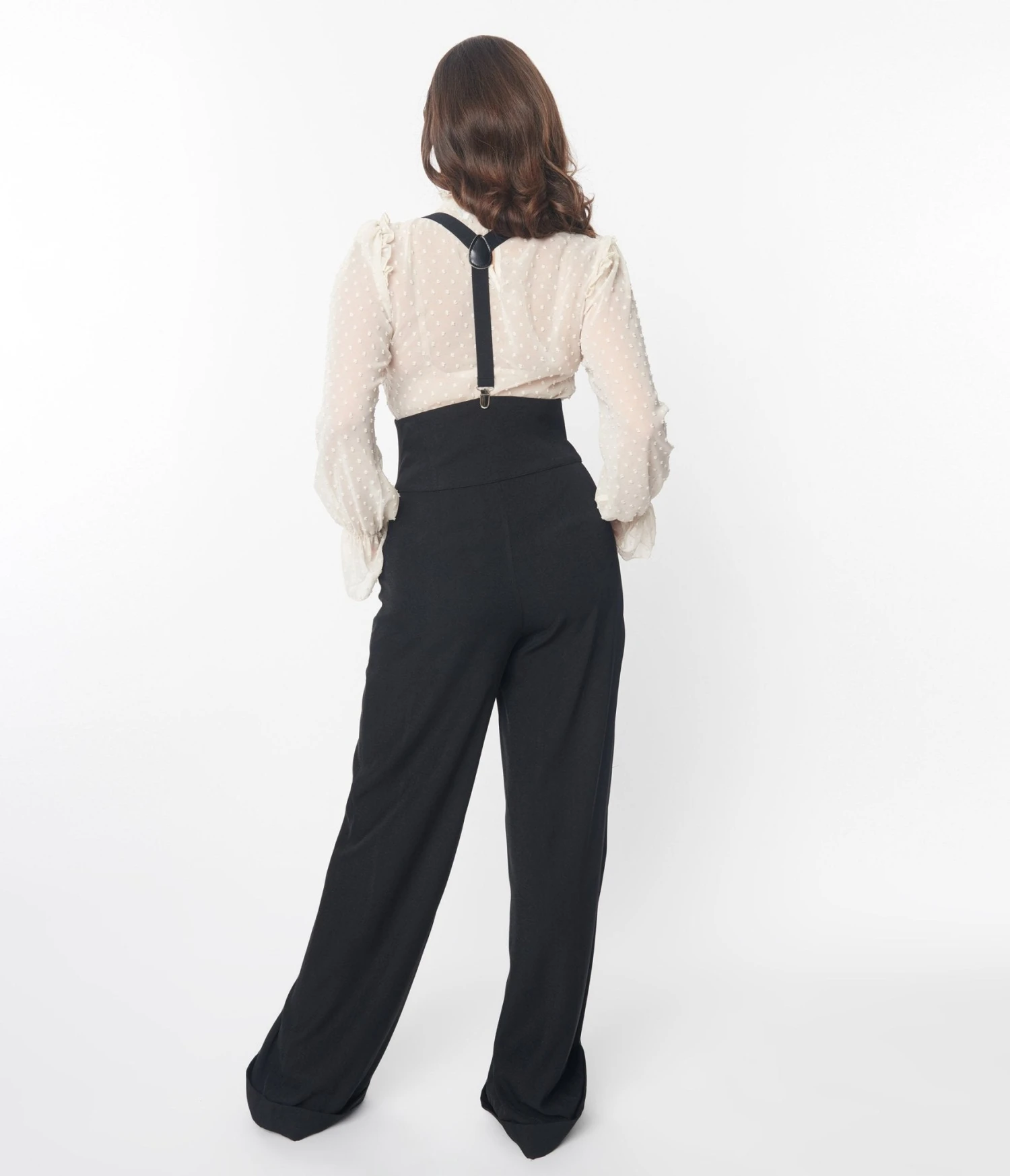 Unique Vintage Black Wide Leg Suspender Pants - Image 2