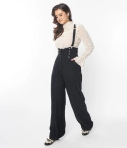 Unique Vintage Black Wide Leg Suspender Pants