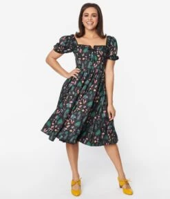 Unique Vintage Black Woodland Creature Button Front Dress