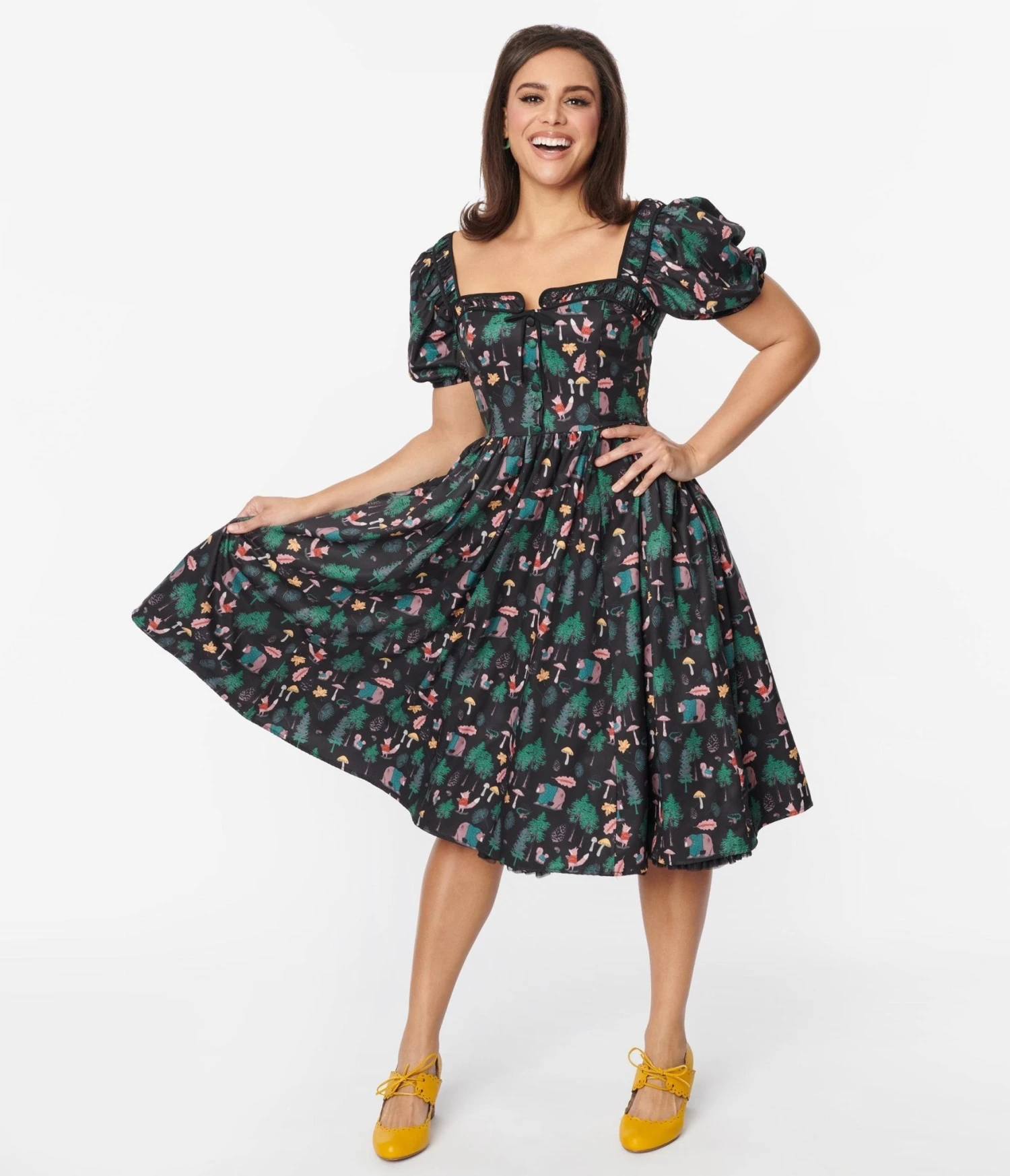 Unique Vintage Black Woodland Creature Button Front Dress - Image 4